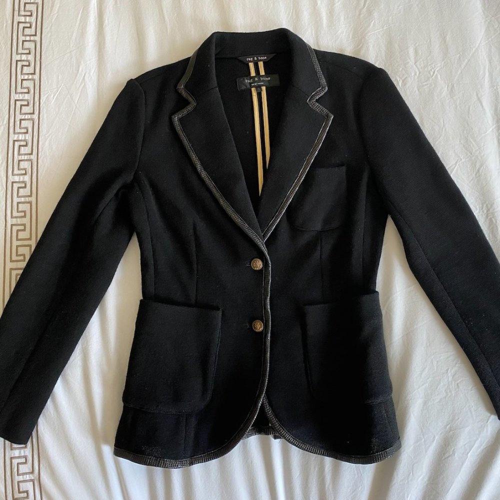 Rag & Bone Black Wool Blazer with Leather Trim